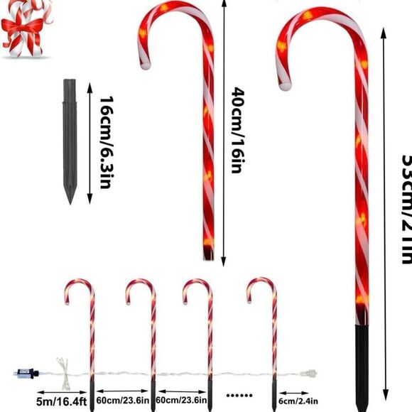 Candy Cane Outdoor Lights 10 Pack Red LEDs Lighted Christmas Path Lights String - Picture 2 of 6